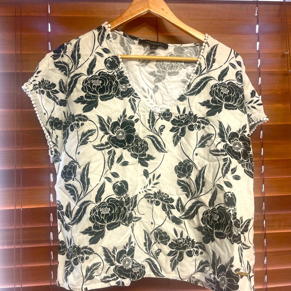 Marc New York Linen Cotton Blouse Bohemian Floral White & Black light weight M